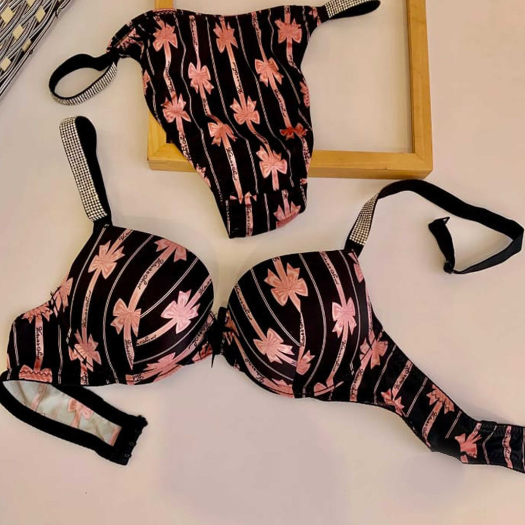 Premium Comfortable Victoria Stylish Secret Hearts Printed Push Up Bra Set For Women - For Undergarment Wear And Daily Comfort Routine